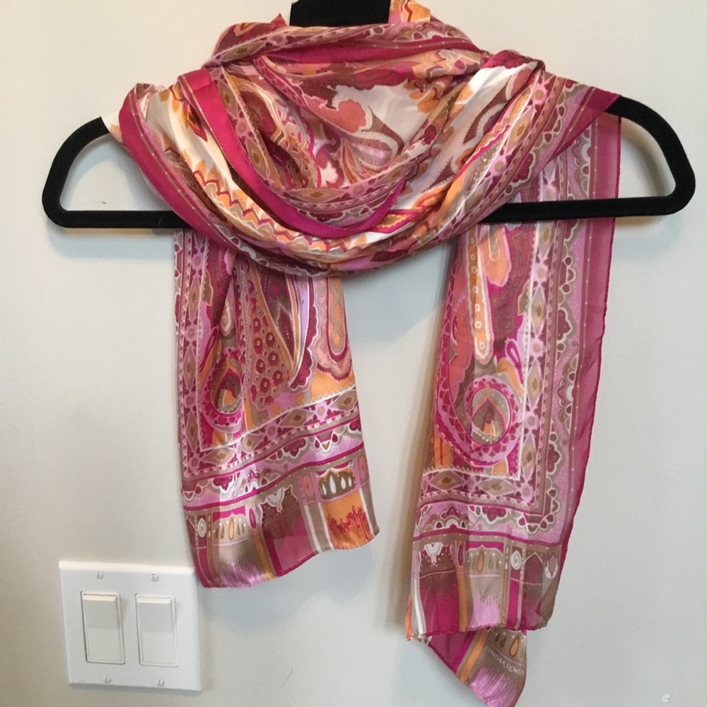 Cynthia Rowley Silk Fuchsia and Gold Patterned Scarf